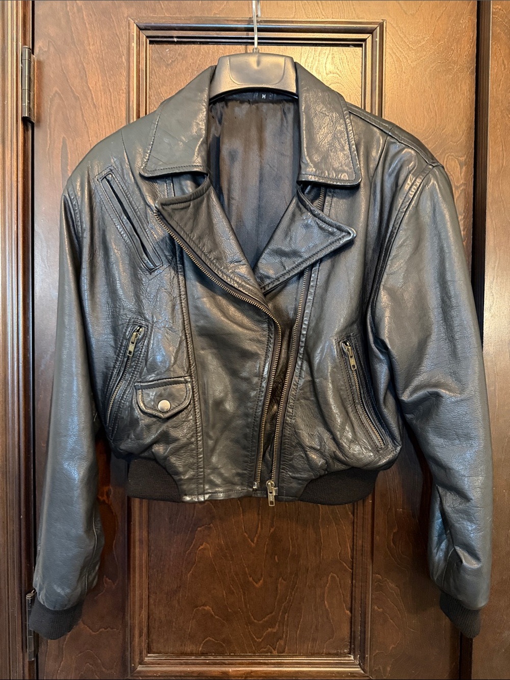 Vintage 90's Black Leather Moto Jacket Made in Italy Cropped Biker Jacket Y2K
